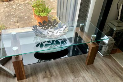 Walnut and Glass Coffee Table with Chrome Posts