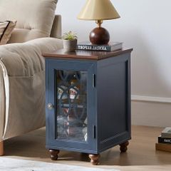 Wooden End Table with Glass Door Storage, 14 Farmhouse Side Table with Adjustable Shelf Solid Wood Gourd Legs, Sofa Side End Tables Cabinet for Living Room, Office