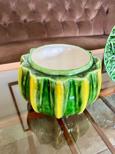 Vintage Whimsical Green Yellow Melon Bowl Flower Pot Holder Olfaire Portugal