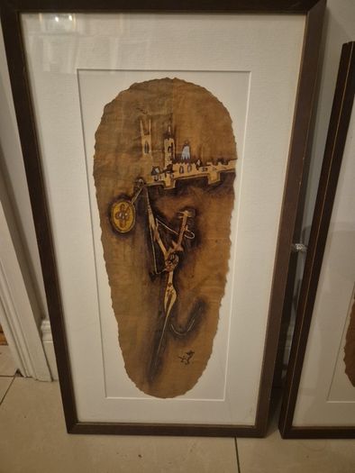 Beautiful pair of mid century style abstract paintings,African/tribal motif,skibbreen framed
