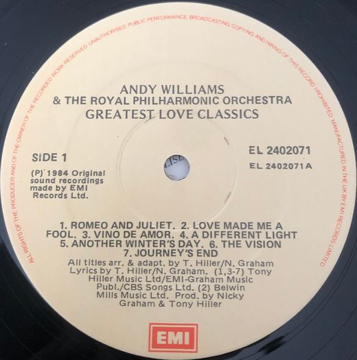 Andy Williams Vinyl Greatest Love Classics Irish Pressing