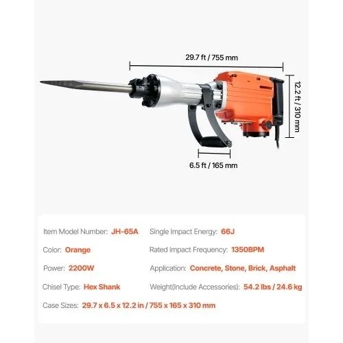 Demolition Jack Hammer Concrete Breaker 2200W Electric Hammer 4 Chisel Bits