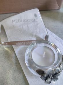 Set of  2 holy items Medugorje holy small glass pulque and night light holy candle holder.