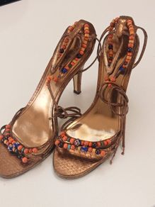 "NINE WEST", Ladies Gold Metallic, colour beaded strapped high heels in good condition