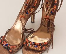 "NINE WEST", Ladies Gold Metallic, colour beaded strapped high heels in good condition