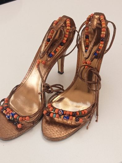 "NINE WEST", Ladies Gold Metallic, colour beaded strapped high heels in good condition