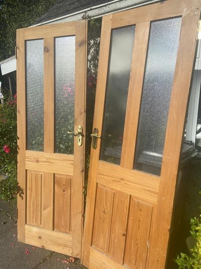 Pair of Solid Pine Rebated Doors with Brass Handles & Hinges