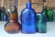 465 - Set of Three Beautiful Vintage Glass Decorative Collectible Bottles - Amber Eire Bovril, Cobalt Blue Magnesia and Turquoise Science Cream