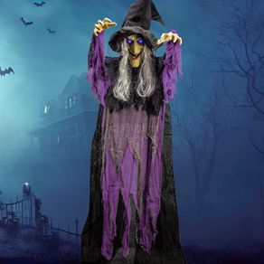 182.9 cm Hanging Animated Talking Witch Decoration (Blue) with Luminous Eyes and Sound Activation Function for Halloween Haunted House Props Decor, Halloween Hanging Decorations, Outdoor Indoor