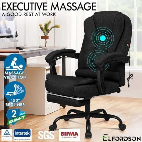 Massage Office Chair for Home Office, Desk Chair 77 cm High Back 150 degree Recliner Tilt Function Padded Swivel Fabric, Black