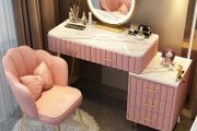 Dressing Table with LED Light Mirror, 3 Light Colors and Adjustable Brightness, Modern Vanity Table Set with 5 Solid Wood Drawers, Velvet Chair for Adults Women Girls Bedroom, 80 100  40  76 CM