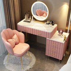 Dressing Table with LED Light Mirror, 3 Light Colors and Adjustable Brightness, Modern Vanity Table Set with 5 Solid Wood Drawers, Velvet Chair for Adults Women Girls Bedroom, 80 100  40  76 CM