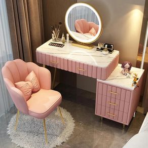 Dressing Table with LED Light Mirror, 3 Light Colors and Adjustable Brightness, Modern Vanity Table Set with 5 Solid Wood Drawers, Velvet Chair for Adults Women Girls Bedroom, 80 100  40  76 CM