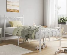 Single Metal Bed Frame 90 x x190 cm with Headboard and Footboard Heavy Duty Foundation,Metal Slat Support, White