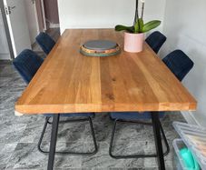 Solid Oak Table and Blue Velvet Chairs