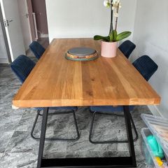 Solid Oak Table and Blue Velvet Chairs