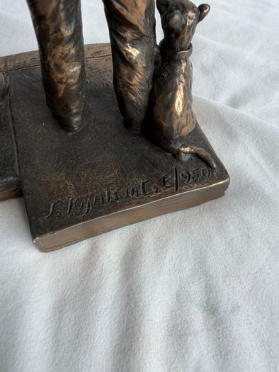 Signed Jeanne Rynhart Bronze Statue - Male Garda and Boy With Tag
