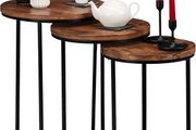Nesting Set of 3, Round Mango Wood Side Tables, Industrial Design, Black Metal, 3 Sizes, Natural, Iron, 57.5 x 41 x 41 cm