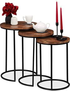 Nesting Set of 3, Round Mango Wood Side Tables, Industrial Design, Black Metal, 3 Sizes, Natural, Iron, 57.5 x 41 x 41 cm