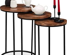 Nesting Set of 3, Round Mango Wood Side Tables, Industrial Design, Black Metal, 3 Sizes, Natural, Iron, 57.5 x 41 x 41 cm