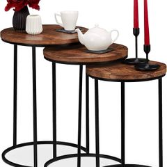 Nesting Set of 3, Round Mango Wood Side Tables, Industrial Design, Black Metal, 3 Sizes, Natural, Iron, 57.5 x 41 x 41 cm