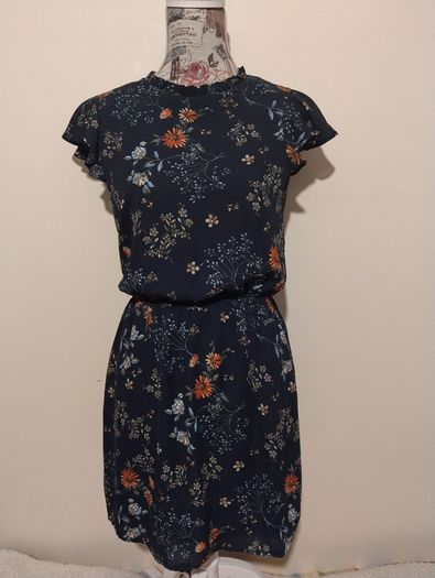 Navy Blue Floral Pocket Dress