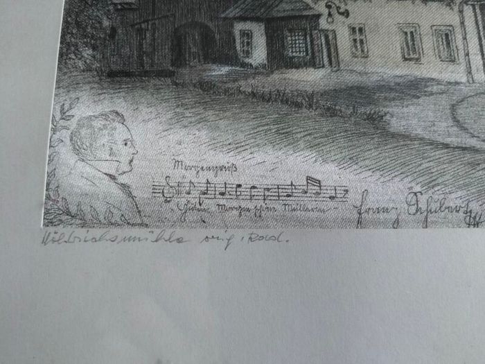 Vintage Hans Weber Signed Etching on Silk - Franz Schubert Landmark
