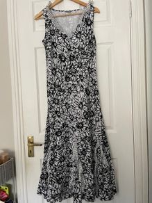 Per Una White with Black Floral Print Cotton Dress Size 12 Long