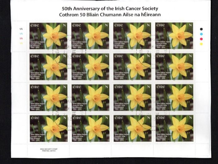 2013 Ireland 50th Anniversary of Irish Cancer Society Stamp Sheetlet Plate 1A1A1A1A Fine CDS Used with Dublin cancel of 21st March 2013 (Frist day of issued) on envelope extract.