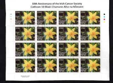 2013 Ireland 50th Anniversary of Irish Cancer Society Stamp Sheetlet Plate 1A1A1A1A Fine CDS Used with Dublin cancel of 21st March 2013 (Frist day of issued) on envelope extract.