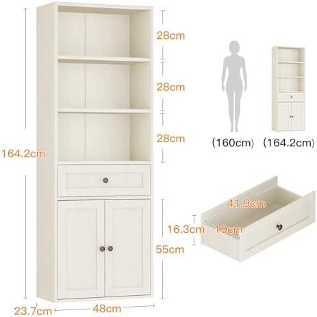 5-Tier Bookcase with Doors and Cabinet, Bookshelf Floor Standing Display Storage Shelf, Tall Bookcase with drawers for Home, Office, Living Room
