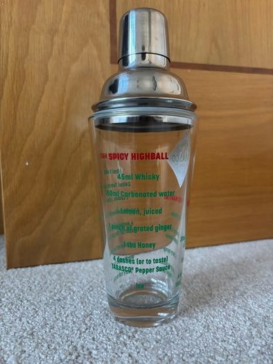 Vintage novelty Tabasco Brand glass cocktail shaker