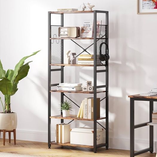 NEW SALE | 6 Tier Bookshelf, Standing Bookcase with 2 X-shape Strips,Metal Mesh Side Panels, 8 S-shaped Hooks, Industrial Storage Rack for Office, Living Room