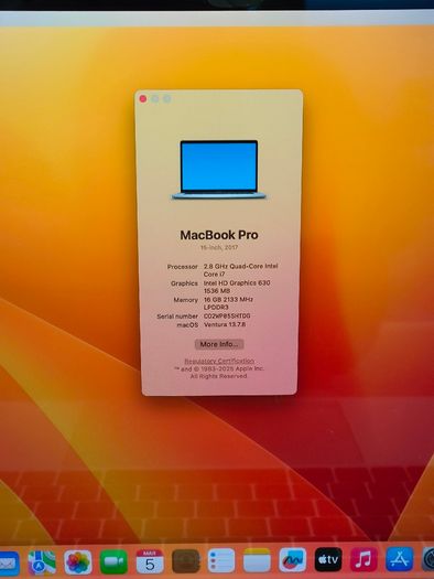 Touch Bar Apple MacBook Pro 15 A1707 (2017) 15.4'' Intel i7 @ 2.80 GHz 512GB SSD 16GB RAM Space Grey (Battery Cycle: 839)