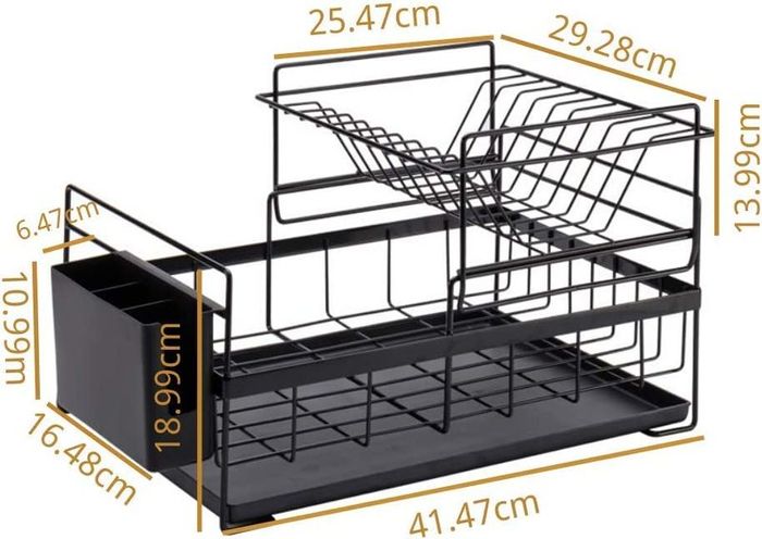 Dish Drying Rack Dish Drainer 2 Tier Detachable Kitchen Sink Dishes Dry Organiser Countertop Dish Draining Holder With Drip Tray Cutlery Utensil Holder RV Studio Small Flat 48x29.5x27cm Black