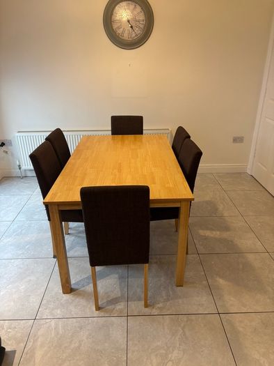 Table & 6 Brown Fabric Chairs