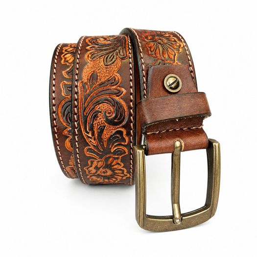 Unisex Genuine Leather Belt Vintage Embossed Design with Antique Buckle Casual & Formal Waist Belt