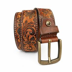 Unisex Genuine Leather Belt Vintage Embossed Design with Antique Buckle Casual & Formal Waist Belt