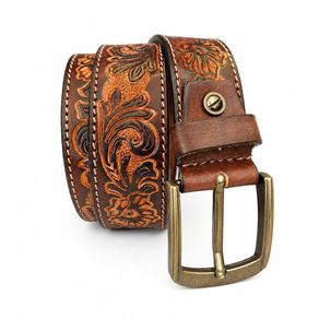 Unisex Genuine Leather Belt Vintage Embossed Design with Antique Buckle Casual & Formal Waist Belt