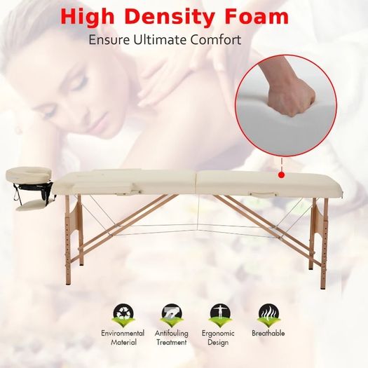 Portable Massage Bed, Foldable Spa Beauty Massage Table with 2 Sections, Carry Bag and Wooden Frame, Cream White
