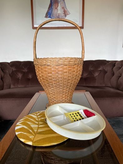 Mid Century Table Height Vintage Wicker Sewing Craft Basket 60s
