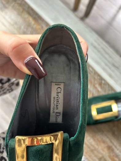 Vintage Christian Dior green heels with gold buckle