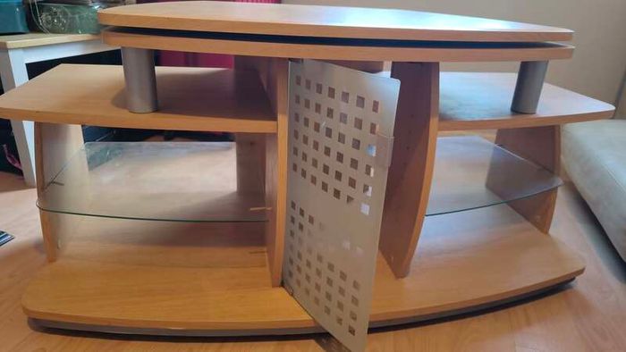 Modern Glass TV Stand/Coffee Table with shelves with wheels - Wood & Glass Design