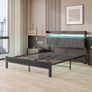 King Bed Frames with 5ft Upholstered Wooden Two-shelf Storage Headboard, Charging Station,LED Lights Grey Image 4