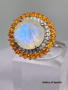 Rainbow Moonstone, Fire Opal, White Zircon Double Halo Ring in Rhodium Overlay Sterling Silver.
