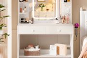 Makeup Desk with Smart LED Mirror and Power Outlet, Small Makeup Table with 2 Drawers and 5 Shelves, Dresser, White
