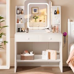 Makeup Desk with Smart LED Mirror and Power Outlet, Small Makeup Table with 2 Drawers and 5 Shelves, Dresser, White