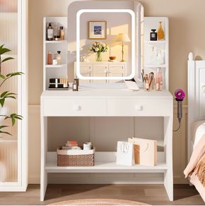 Makeup Desk with Smart LED Mirror and Power Outlet, Small Makeup Table with 2 Drawers and 5 Shelves, Dresser, White