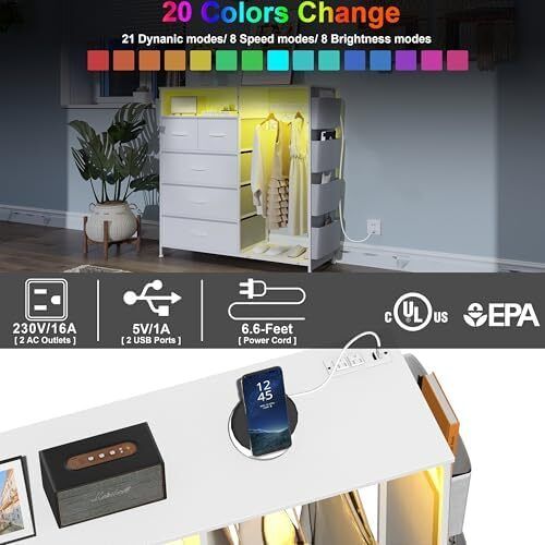 5 Drawer Dresser with Clothes Rail LED Lights Charging Station Storage Chest with Side Pockets
