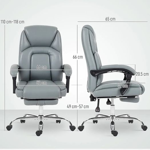 Office Chair, Reclining Executive Desk Chair with Spring Cushion, PU Leather, High Back, Footrest, Adjustable Height, Swivel Wheels, Grey